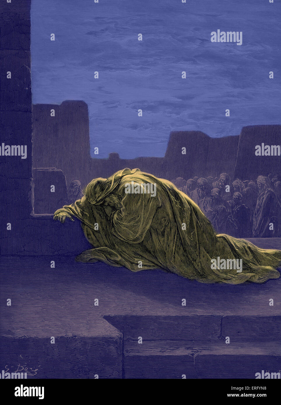Il profeta Esdra pregando, incisione di Gustave Doré. Esdra, nella disperazione per il popolo di Israele 's intermarrying, si inginocchia in Foto Stock