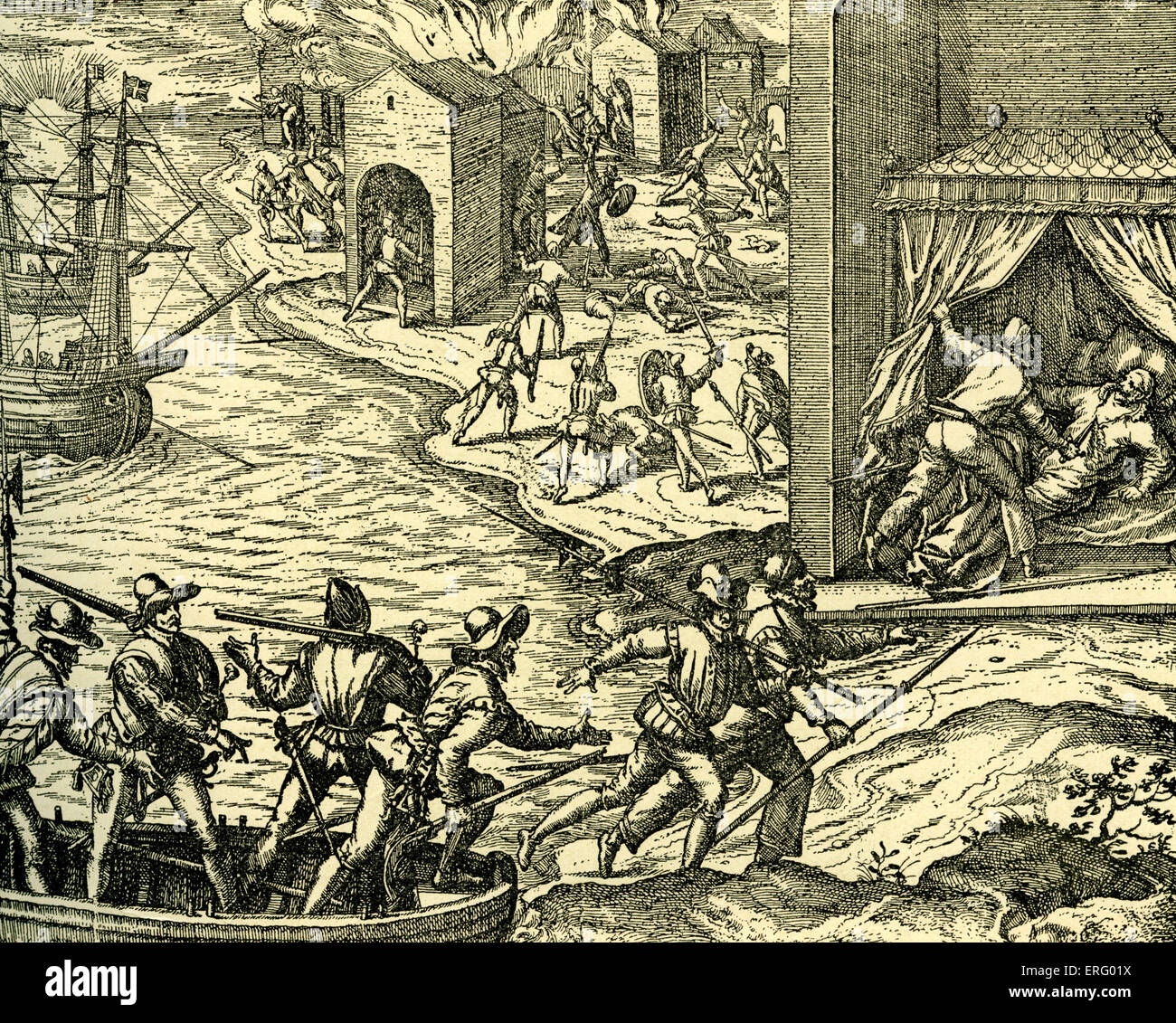 Filibusters alla cattura di Cartagena nel 1555. (Buccaneers, marinai disertori che cercano i loro forturnes in alto mare . Foto Stock
