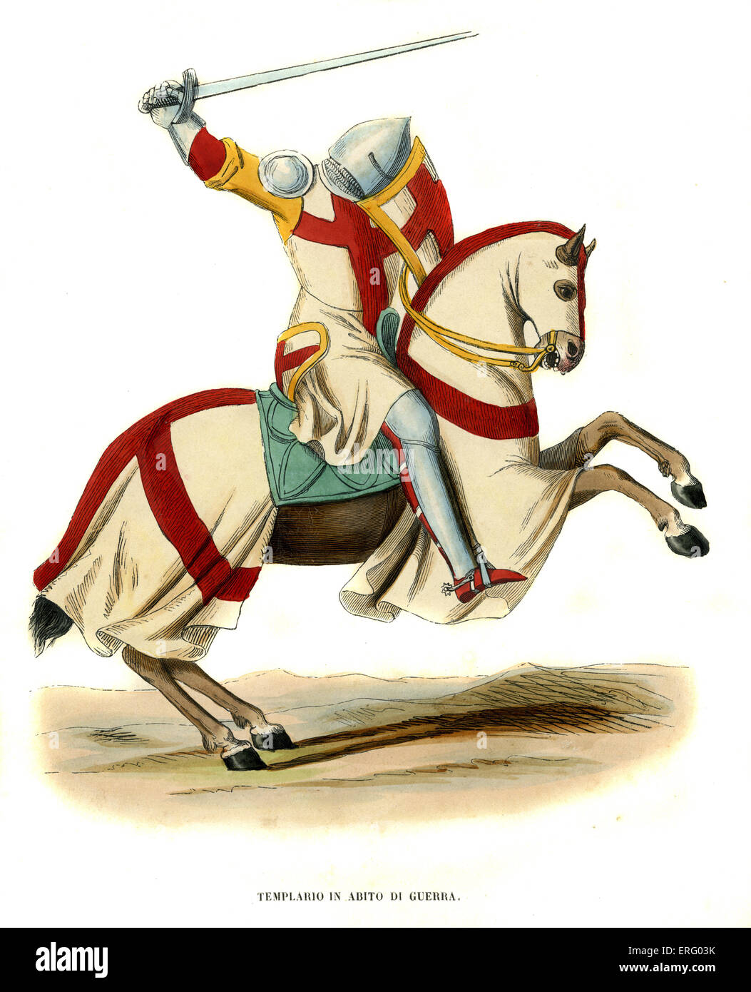 Cavaliere Templare sul suo cavallo pronto per la battaglia. Al tempo delle crociate. Mano incisione colorata- c. 1847 versione del xiv Foto Stock