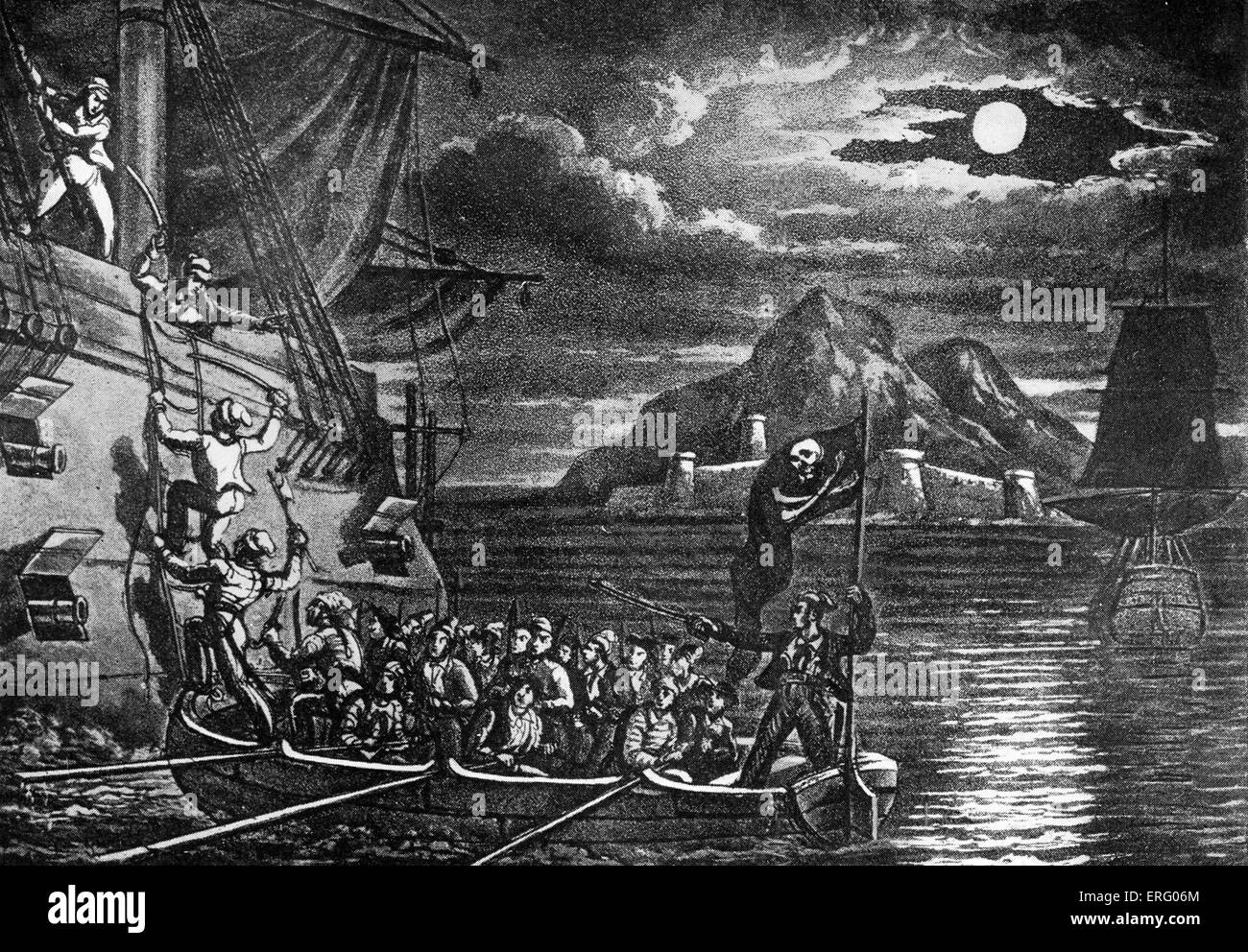 "Pirati di salire a bordo di un peschereccio spagnolo nel West Indies', incisione da "La storia e la vita dei più famigerati pirati", da un vecchio marinaio, n.d. Foto Stock