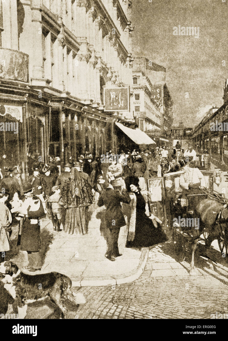 Diciannovesimo secolo vista della sesta Avenue, New York. Ora noto come Avenue of the Americas. Rinomato quartiere dello shopping nel 1890s, con Altman, McCreey's e Macy's department stores.versione oscurata. Foto Stock