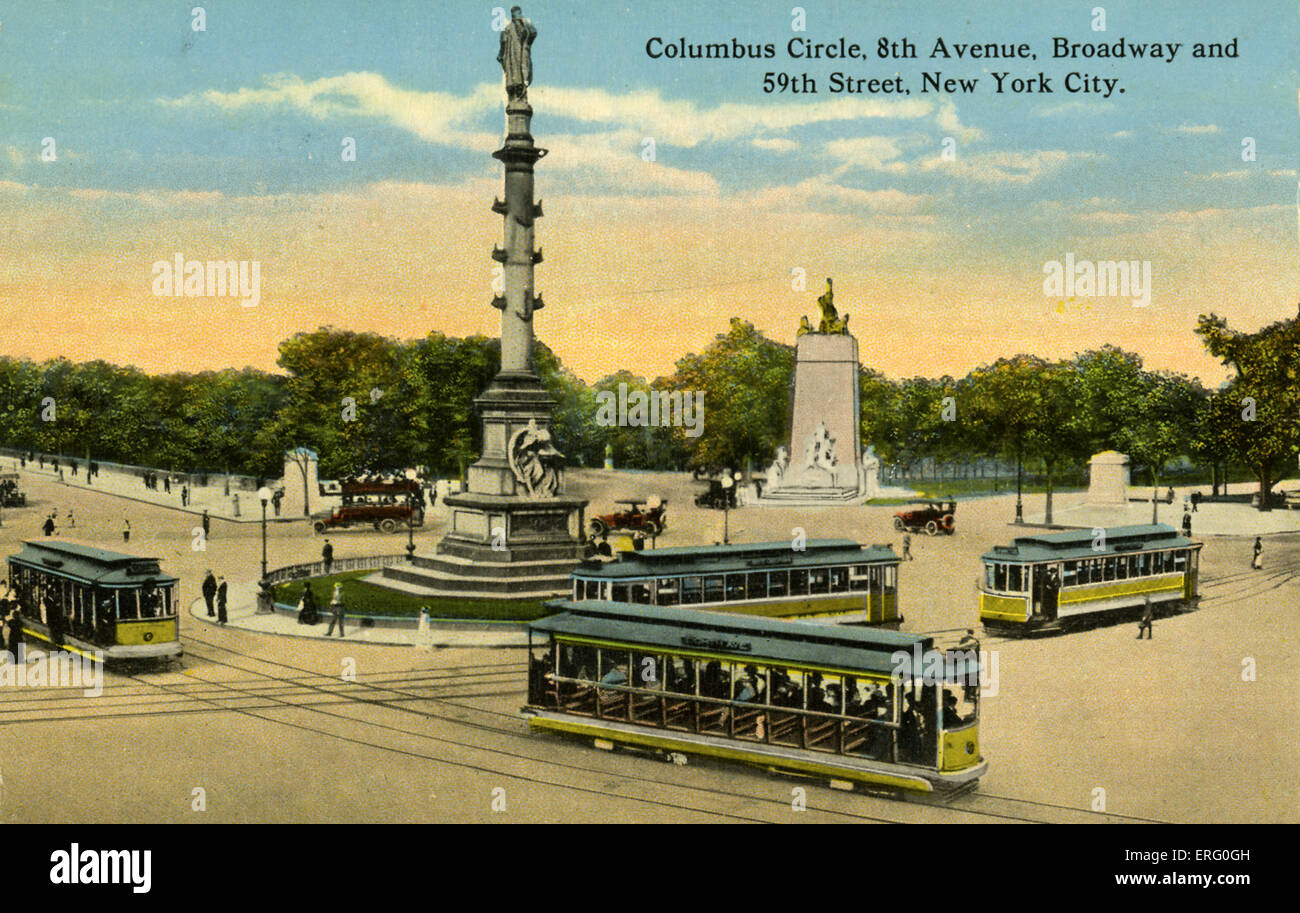 Columbus Circle, Ottava Avenue, Broadway e 59th Street, New York. I tram che va intorno al monumento a Colombo. Foto Stock