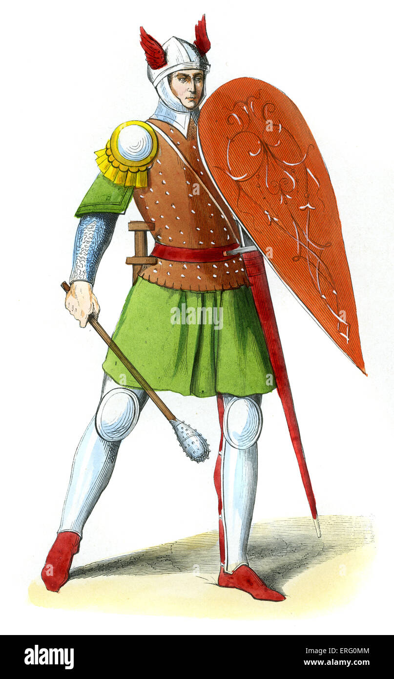 Fantassin italiana nel XIV secolo indossando il casco in acciaio con ali di colore rosso. Armatura in acciaio sulle sue gambe e mail a catena sulle sue braccia. Foto Stock