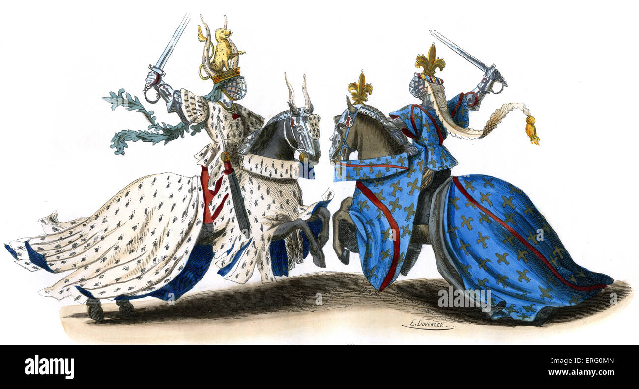 Il XIV secolo torneo, indossa armatura completa e brandendo spade, pronto per la lotta. I due nobili montato su di loro Foto Stock