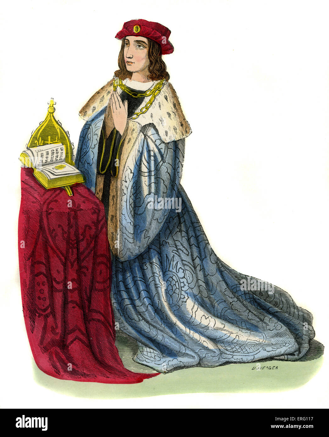 Enrico VI, re d'Inghilterra si inginocchia a pregare. Indossa la catena in oro di office, ermellino orlato ricamato in oro e il cappotto di ermellino intorno alle sue spalle. 6 Dicembre 1421 - 21 Maggio 1471 c. 1847 dipinte a mano e copia del xv secolo emboridery . Foto Stock