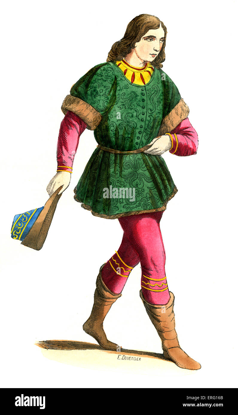 Giovane Italiana - costume maschile del xv secolo, mostrato indossando un damson doppietto verde, stivali in pelle e tenendo un Foto Stock