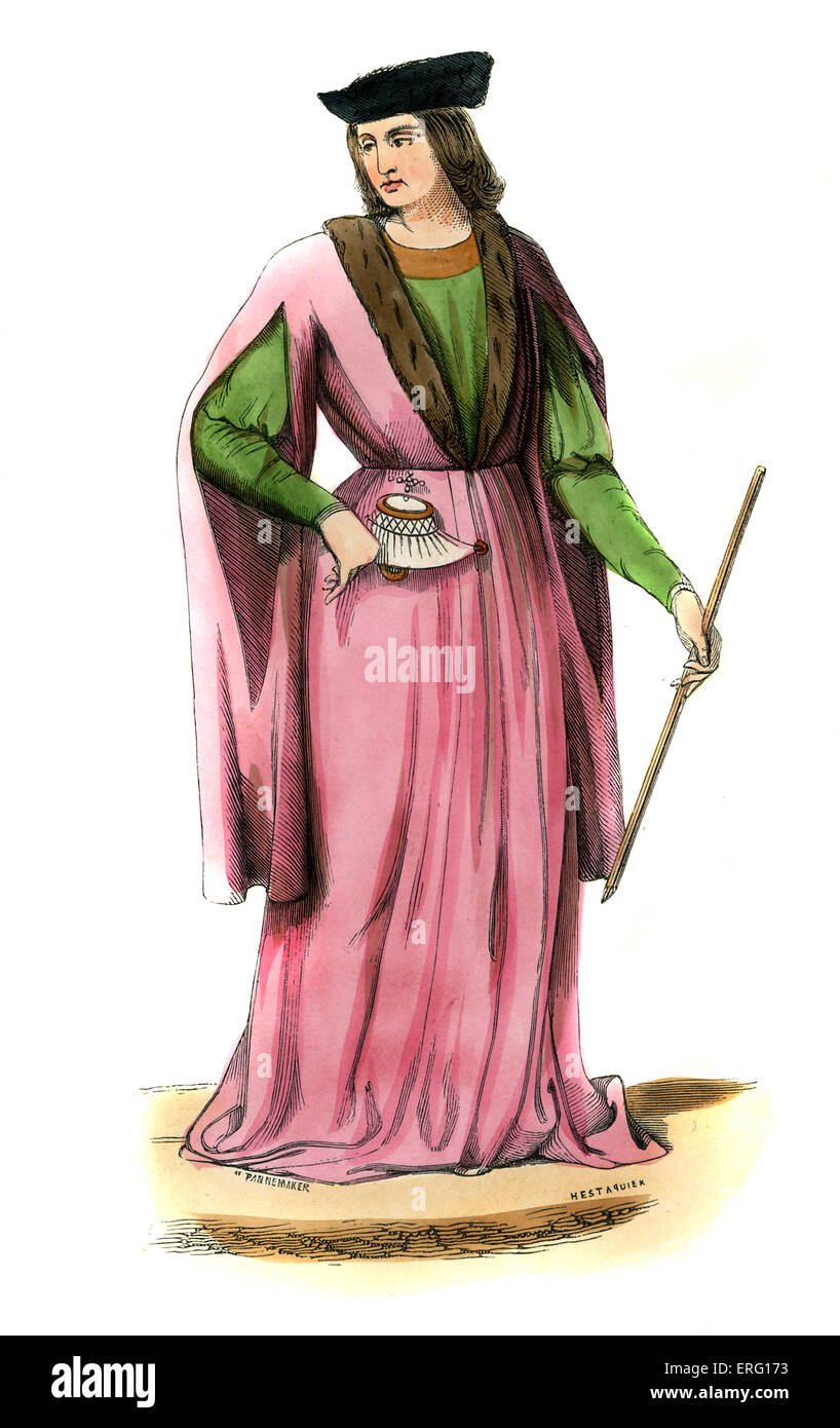 Gentiluomo di Luigi XII corte - costume, regnò (1498 - 1515), mostrato indossando lunga rosa foderato di pelliccia di accappatoi, di black hat e tenendo un Foto Stock