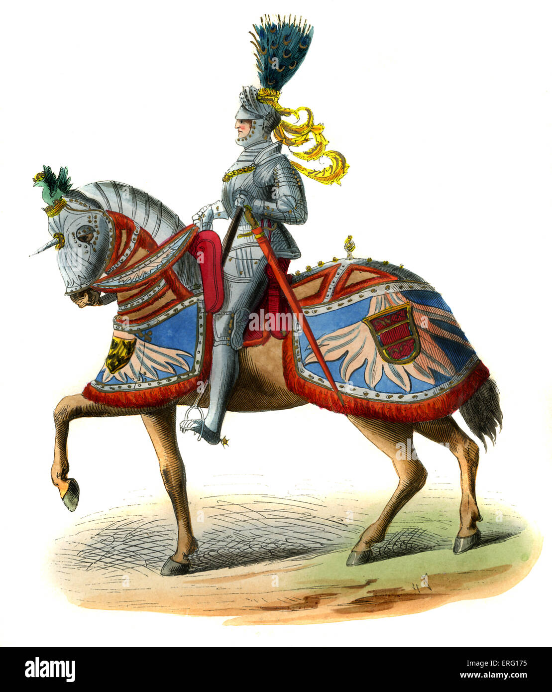 L'imperatore Massimiliano I d Asburgo imperatore del Sacro Romano Impero, mostrato in cima a un cavallo che indossa riccamente decorate caparison corazza, Foto Stock