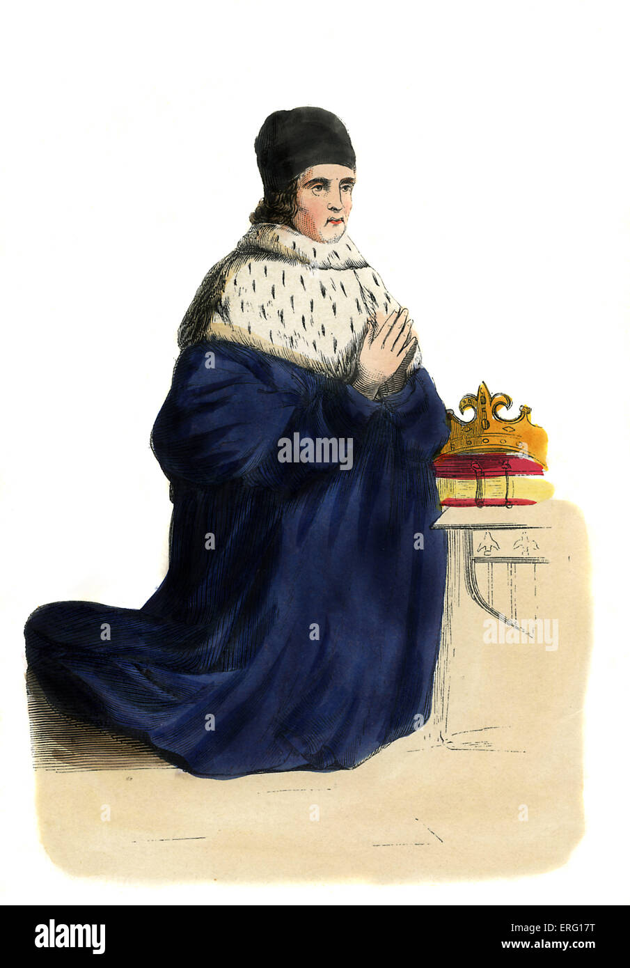 René di Anjou, il conte di Provenza, inginocchiato in preghiera posizione accanto a corona, indossando Navy Blue Velvet accappatoi, un ermellino cape, e un cappello nero. b. 1409 - 1480. c. 1847, dipinte a mano e copia di un dipinto ad Aix-en-Provence Cattedrale. Foto Stock