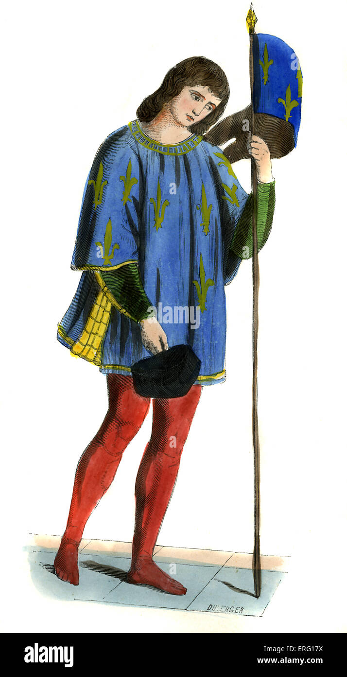 Herald - annunciatore della morte di Carlo VI (1368 - 1422), mostrato indossando Fleur de Lis tunica modellato, tenendo Fleur de Lis bandiera Foto Stock
