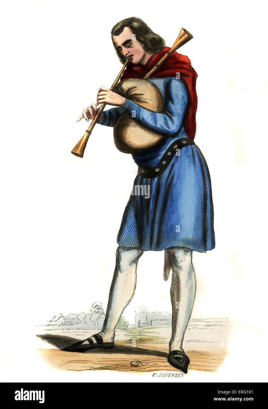 Intrattenitore / joglar - costume maschile, del XIII secolo, nella foto indossando tunica blu, costellata la cinghia e la riproduzione di una zampogna / cornemuse strumento. c. 1847, dipinte a mano e copia di una miniatura di un tredicesimo secolo manoscritto. Firma di E. Duverger. Foto Stock