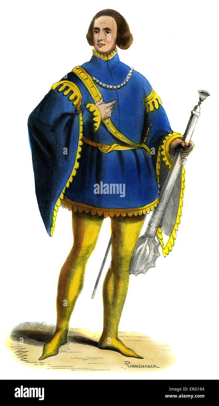 Armi al Sergente - costume maschile del secolo XIV, Francia. Indossando blu scuro doppietto rifilato con oro, giallo gambali e holding Foto Stock