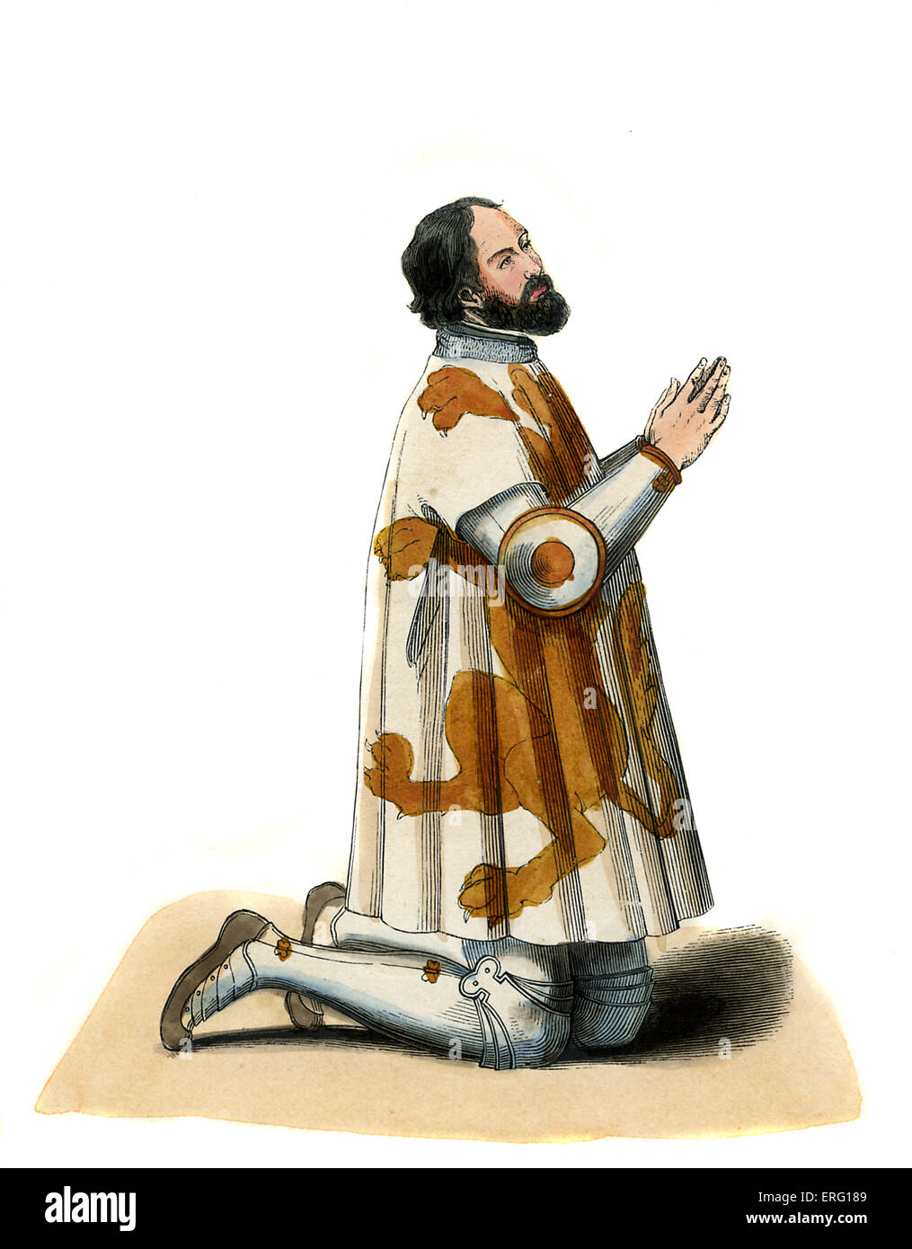 Nobile francese uomo - costume del XIV secolo. Nella foto in ginocchio in posizione di preghiera, indossando soubreveste (tunica corazza di copertura) Foto Stock