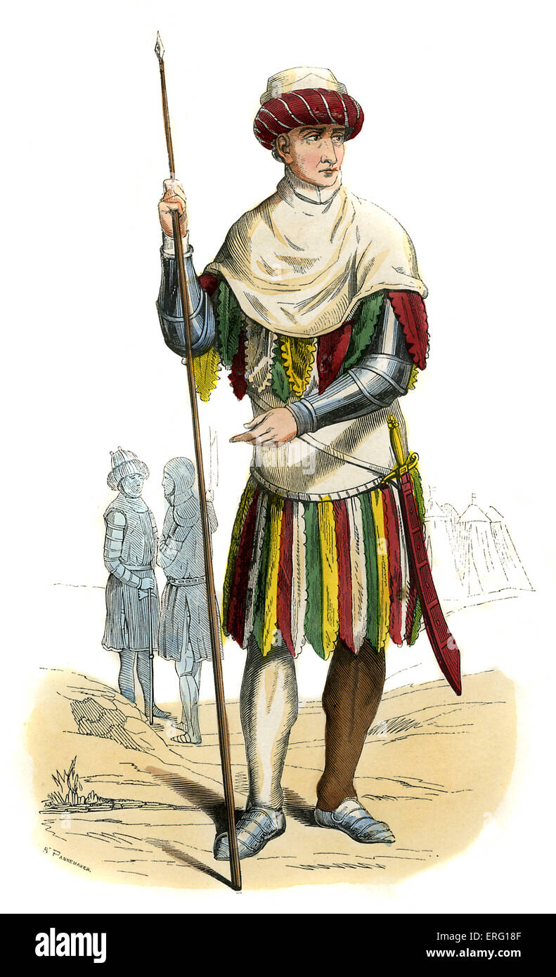 Soldato inglese durante il regno di Enrico VI, re d'Inghilterra (1421 - 1471) - costume maschile. Indossando il rullo imbottito turbante, Foto Stock Soldato inglese durante il regno di Enrico VI, re d'Inghilterra (1421 - 1471) - costume maschile. Indossando il rullo imbottito turbante, Foto Stock