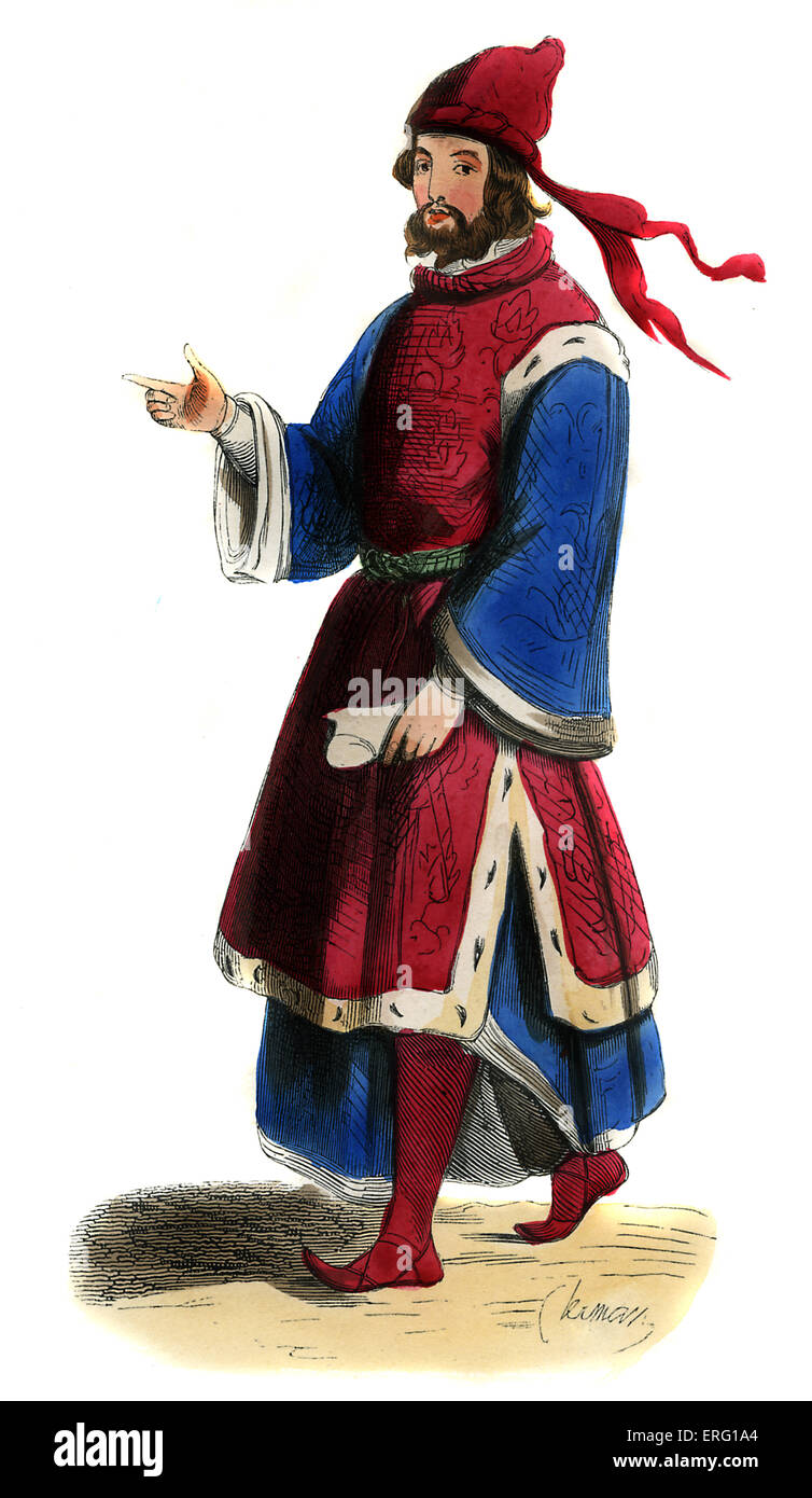 Gentiluomo tedesco - costume dal XV secolo. Indossando ermellino foderato surcoat rosso su houppelande blu e un sacchetto il cappuccio con un Foto Stock