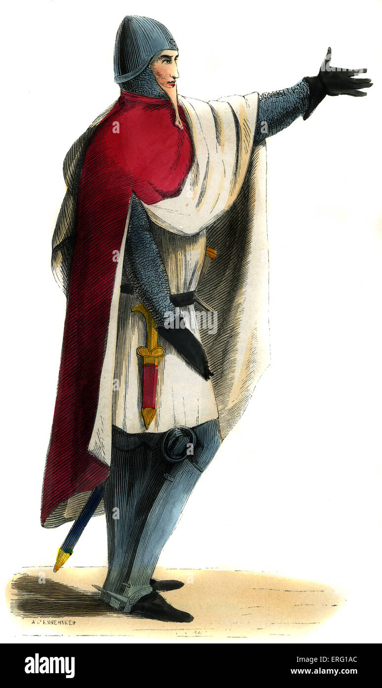 Costume militare, Cavaliere - XIV secolo. Indossare mantello rosso su tutta la corazza di acciaio con chanmail, casco, scarpe con annesso Foto Stock