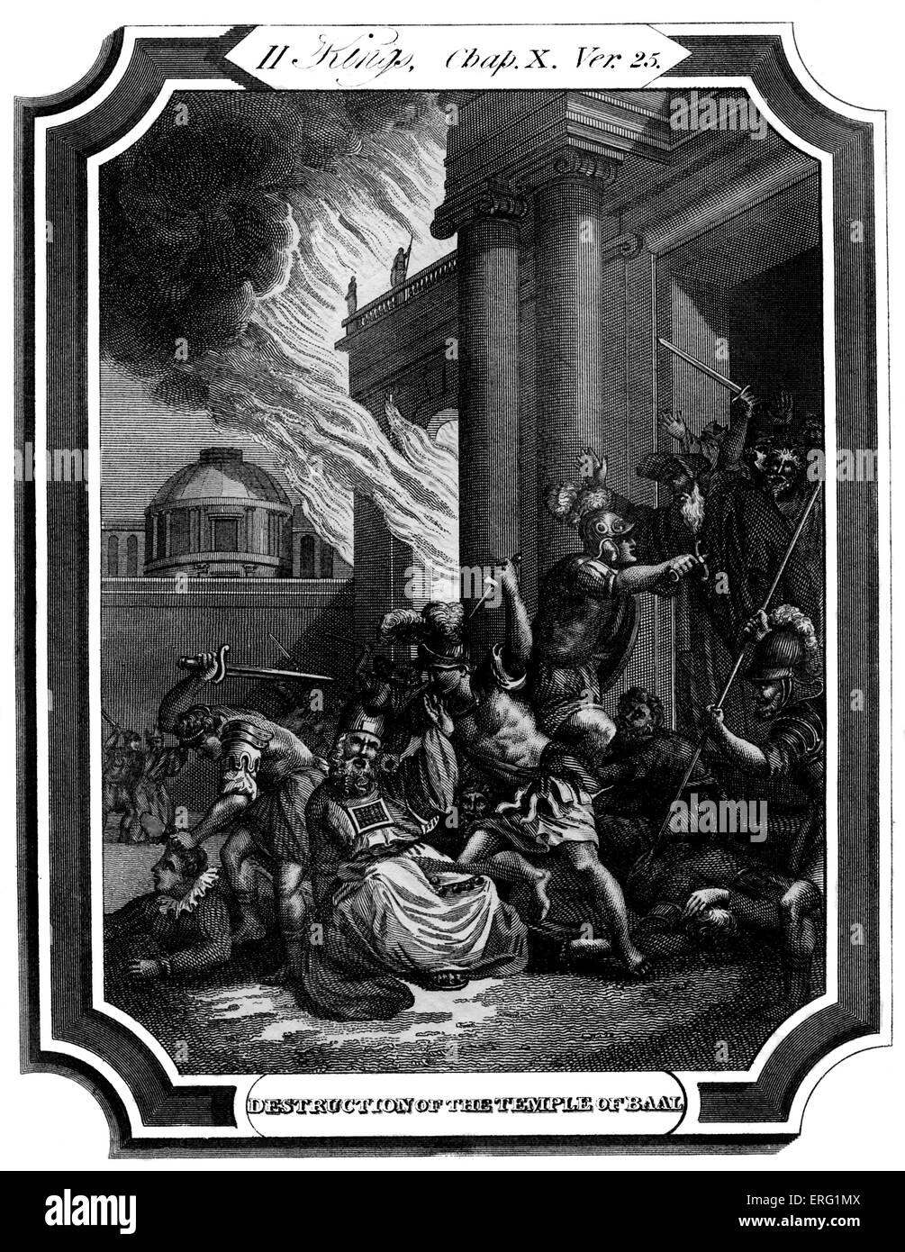 Ieu uccide gli adoratori di Ba'al ed ordina la distruzione del tempio. La didascalia recita: Distruzione del themple di Baal. Kings II, Chap X, versetto 25 'e avvenne che, appena ebbe finito di offrire gli olocausti, Ieu disse alle guardie e ai capitani, andare in, e farli morire; nessuno entri via. Li passarono a fil di spada e la guardia e i capitani li buttarono fuori e sono andato alla città di tempio di Baal.' incisione di T O Barlow 1824 -1889. Foto Stock