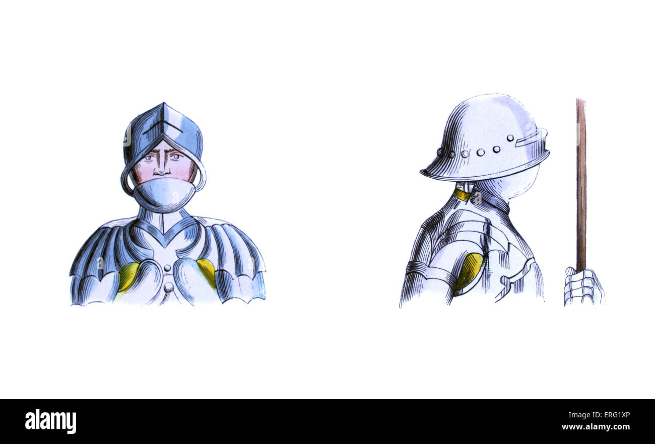 Armature militari - caschi del XIV secolo, con visiera argento e epaulets impreziosito con oro. c. 1847, dipinte a mano e copia di Foto Stock