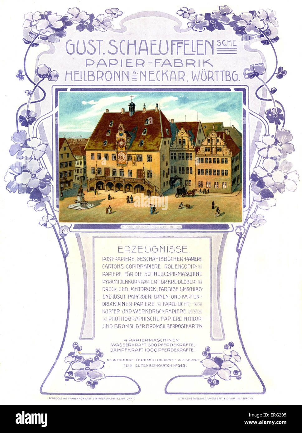Tedesco annuncio pubblicitario per il Gustav Schäuffelen fabbrica di carta in Heilbron am Neckar, Württemberg. Immagine mostra Heilbron market place Foto Stock