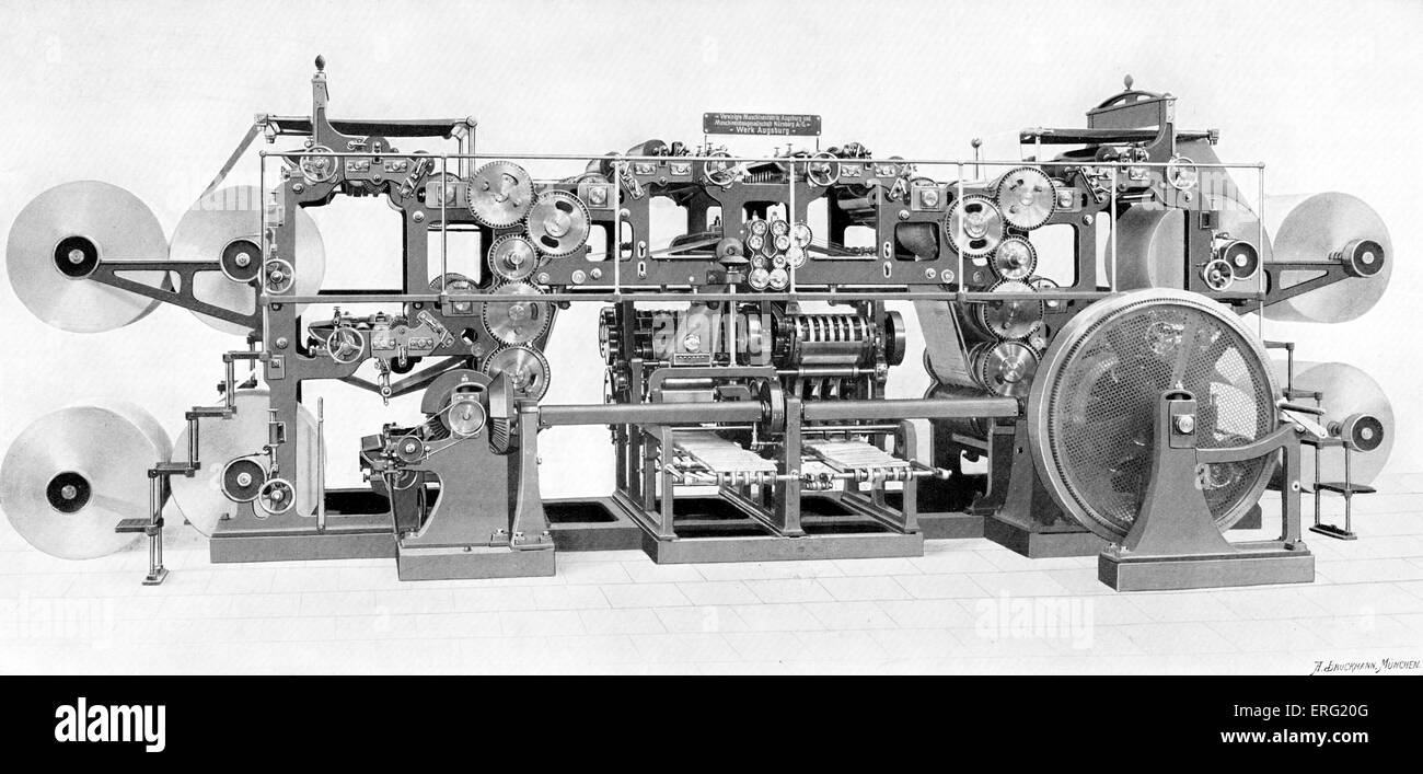 Annuncio tedesco per il regno di Augusta e Norimberga i produttori di macchine che mostra una macchina da stampa a quattro rulli e senza spalline Foto Stock