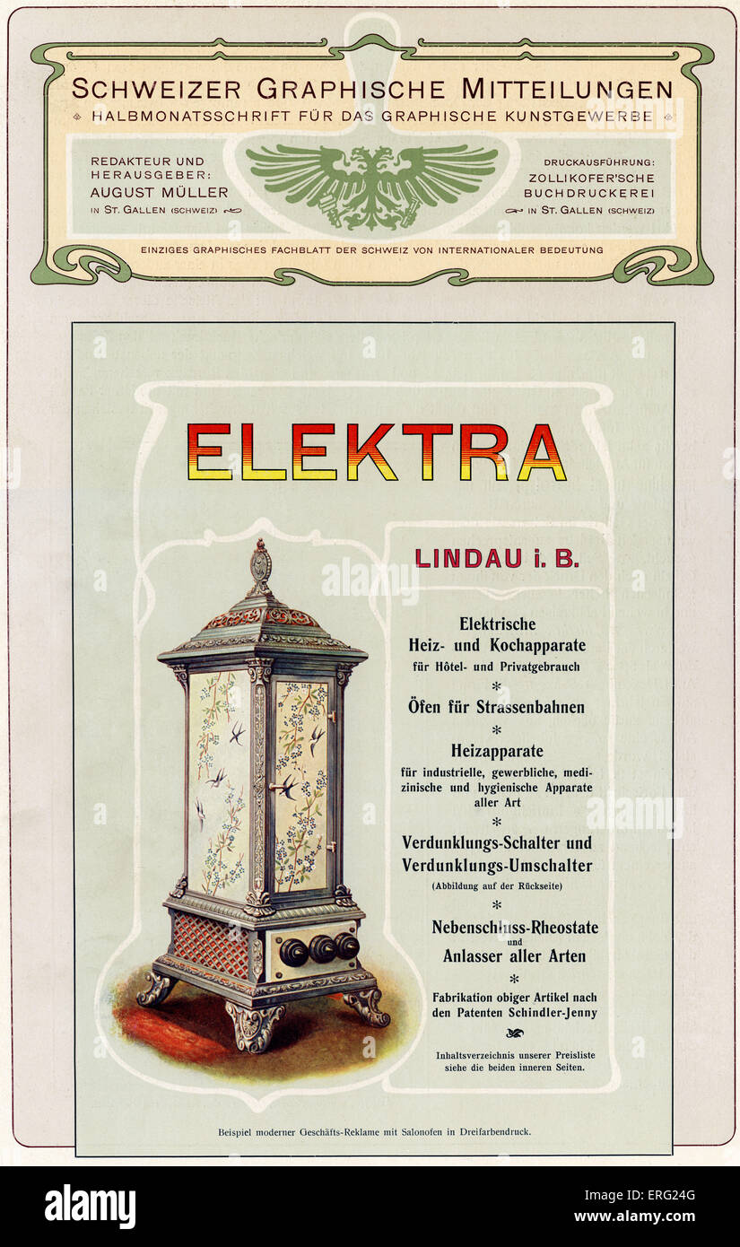 Annuncio tedesco per il 'Elektra' riscaldamento elettrico e piano cottura. Preso da un tedesco di stampanti " catalogo, 1902. Foto Stock