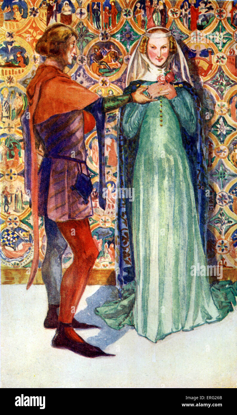 Giovane 's costume nel regno di Edoardo II (1307 -1327). Uomo che indossa una tunica corta di panno sottoposti ai raggi, cappa con liripipe, appeso Foto Stock