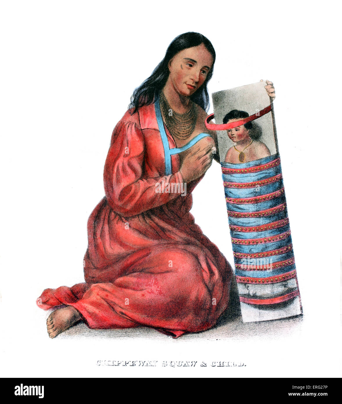 Chippeway (Ojibwe) donna e bambino. Native American donna della tribù Ojibwe allattava il bambino che è legato ad una culla. Foto Stock