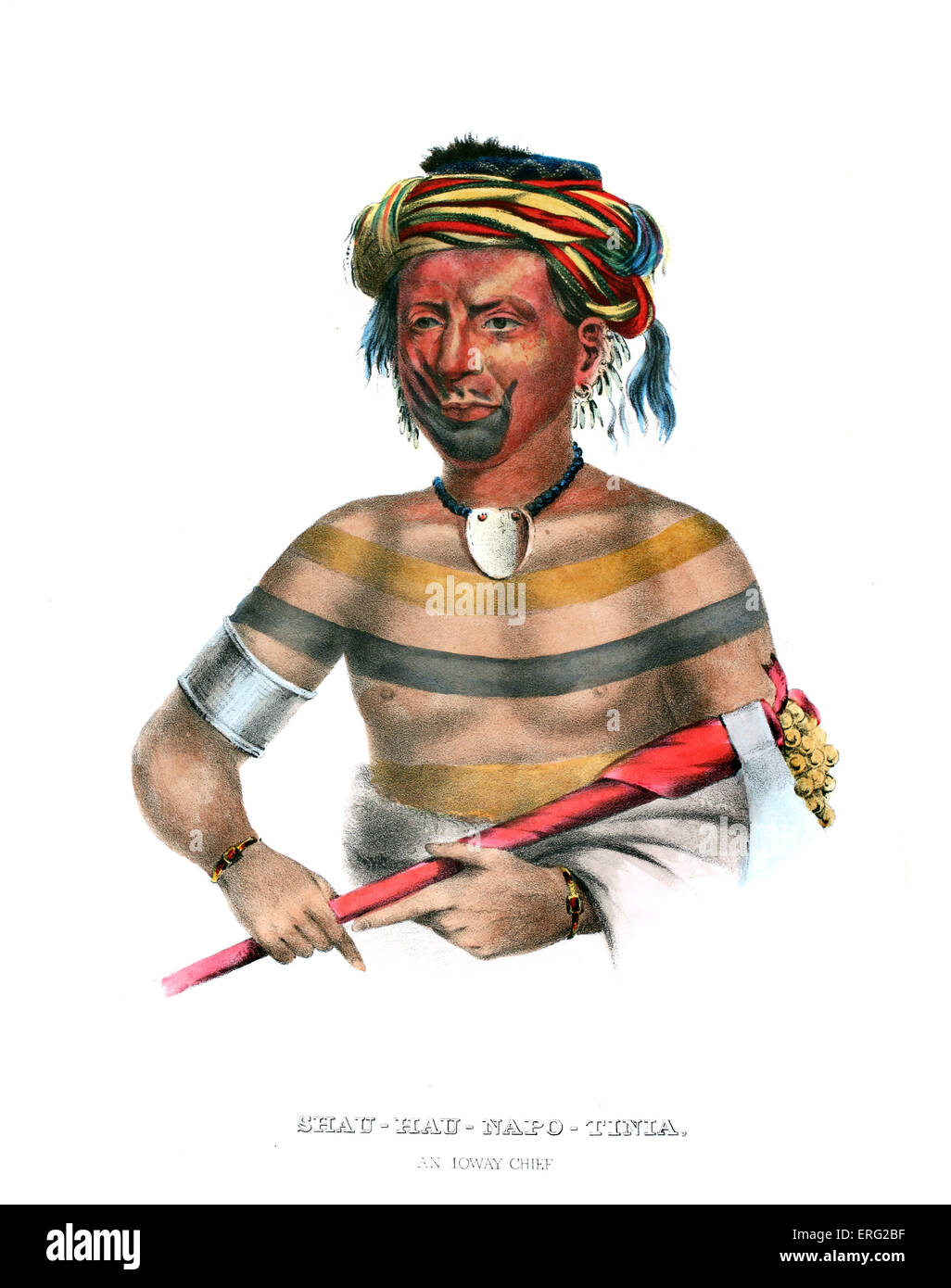 Shauhaunapotinia ("l'uomo che ha ucciso tre Sioux'), un capo Iowan. Capo nativo americano della tribù dello Iowa che ha guadagnato il suo nome da single-handedly saccheggiare un accampamento Sioux e raccolta di cuoio capelluto tre. Ritratto di Charles B. King (1785 - 1862). Foto Stock