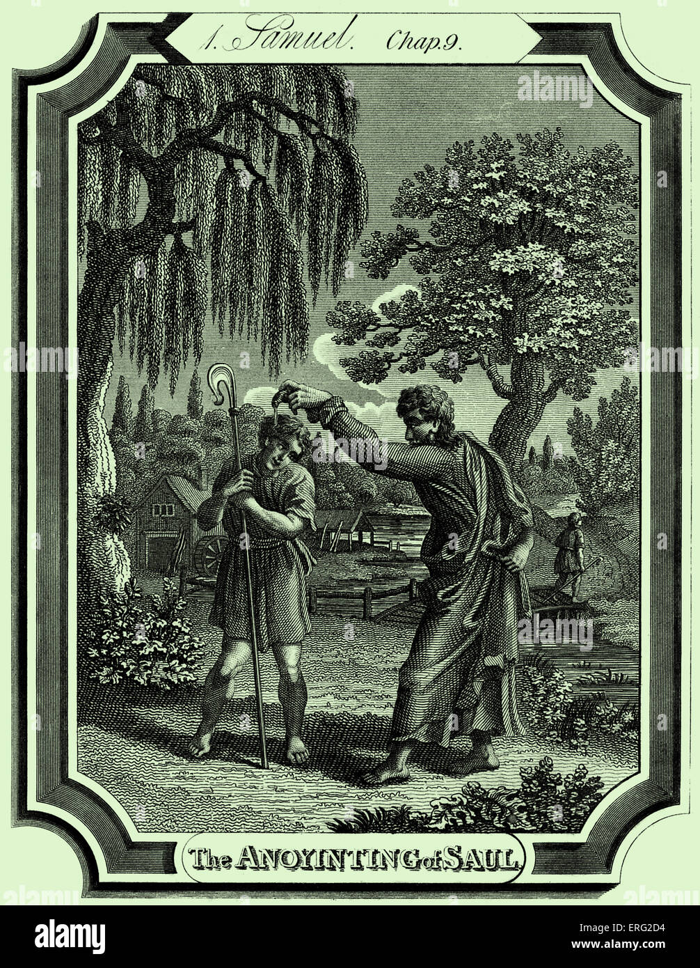 Samuele unge Saul, riconoscendo in lui il futuro re di Israele. Samuel 1, Chap IX, versetto 16 "Domani a quest'ora ti manderò un uomo della terra di Beniamino e tu lo ungerai come capo del mio popolo Israele, che egli può salvare il mio popolo dalle mani dei Filistei: ho guardato il mio popolo, perché il suo grido è giunto fino a me.' incisione di T O Barlow 1824 -1889. Foto Stock
