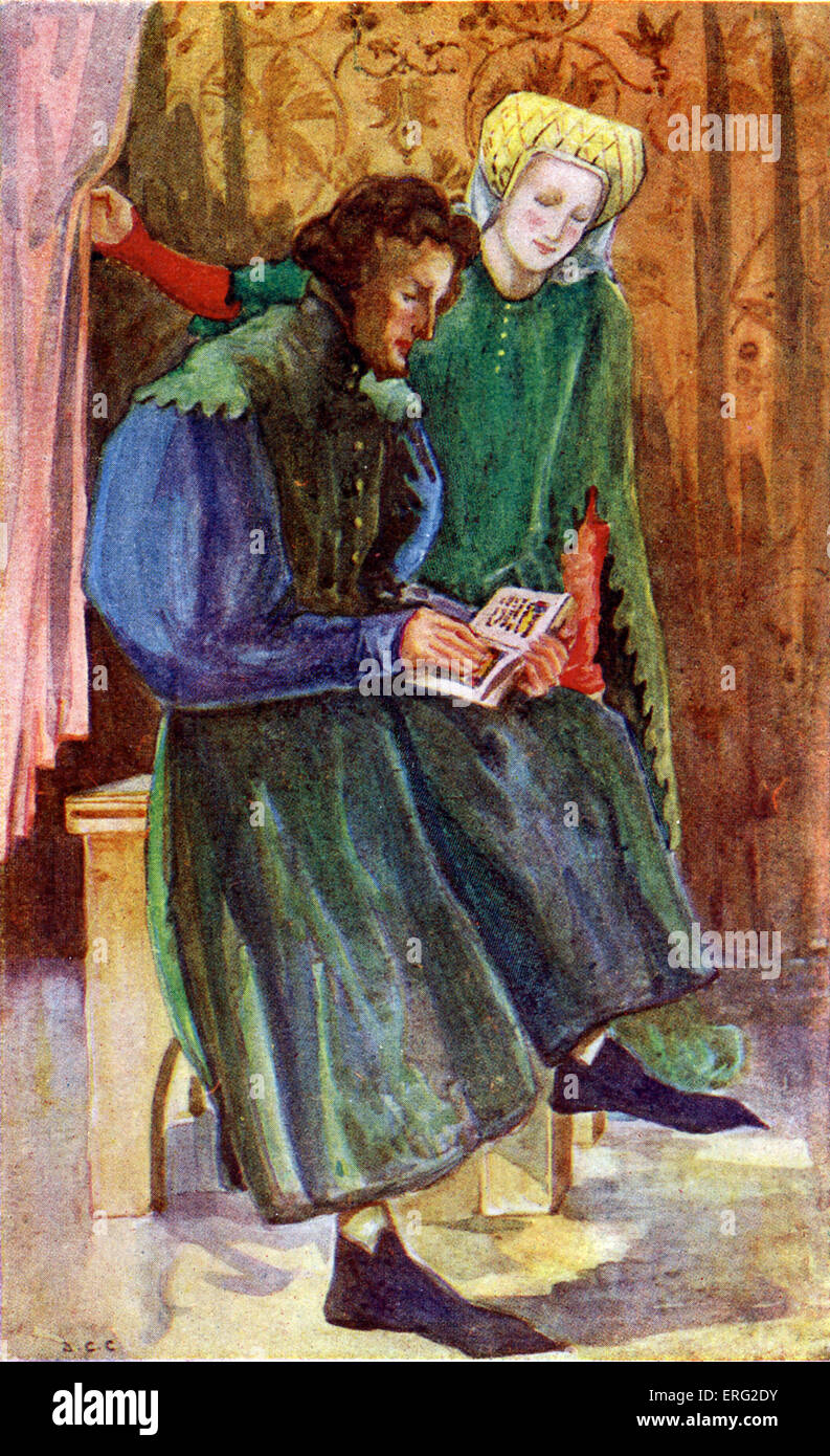 Giovane 's costume in regno di Enrico IV (1399 -1413). Entrambi di indossare camice chiamato houppelande. Man 's houppelande ha Foto Stock