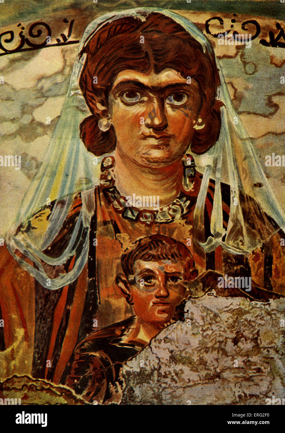 La Madonna e il bambino. Affresco in un romano sepoltura, Roma, Italia. Quarto secolo. Foto Stock