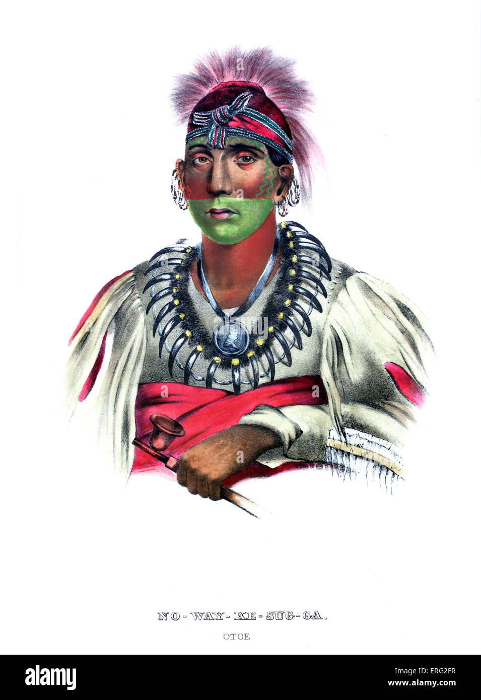 Nowaykesugga, nativi americani della Oto tribù con tubo, medaglione e bear claw collana. Ritratto c. 1840 dopo la verniciatura mediante Foto Stock