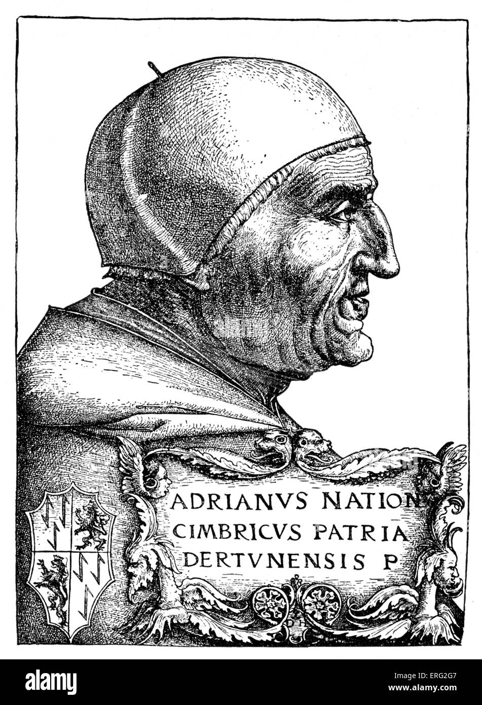 Papa Adriano VI, nato Adriaan Florenszoon Bowyens 2 Marzo 1459 - 14 settembre 1523. Incisione su rame di Daniel Hopfer. Foto Stock