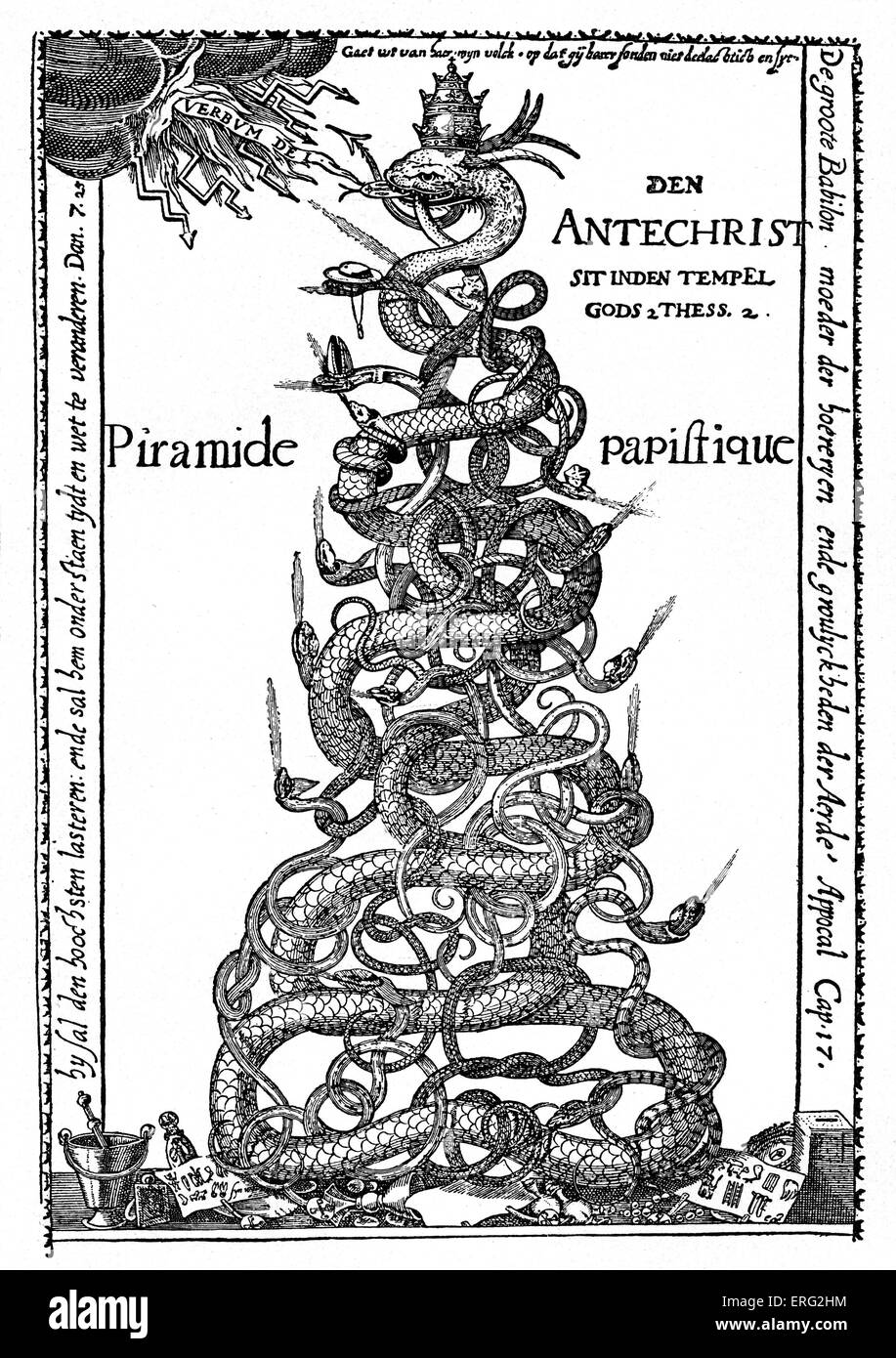 Olandese incisione satirico intitolato " La Piramide papale". Il Papato è rappresentata come una piramide di serpenti essendo investito sul Foto Stock
