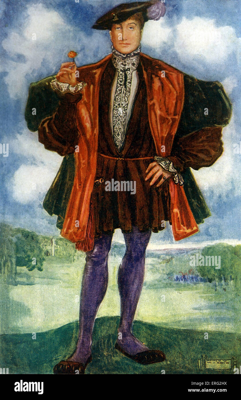 Man 's costume in regno di Enrico VIII (1509- 1547). Indossando un alto-collare della camicia di colore bianco con il nero silken ricamo, una tunica Foto Stock