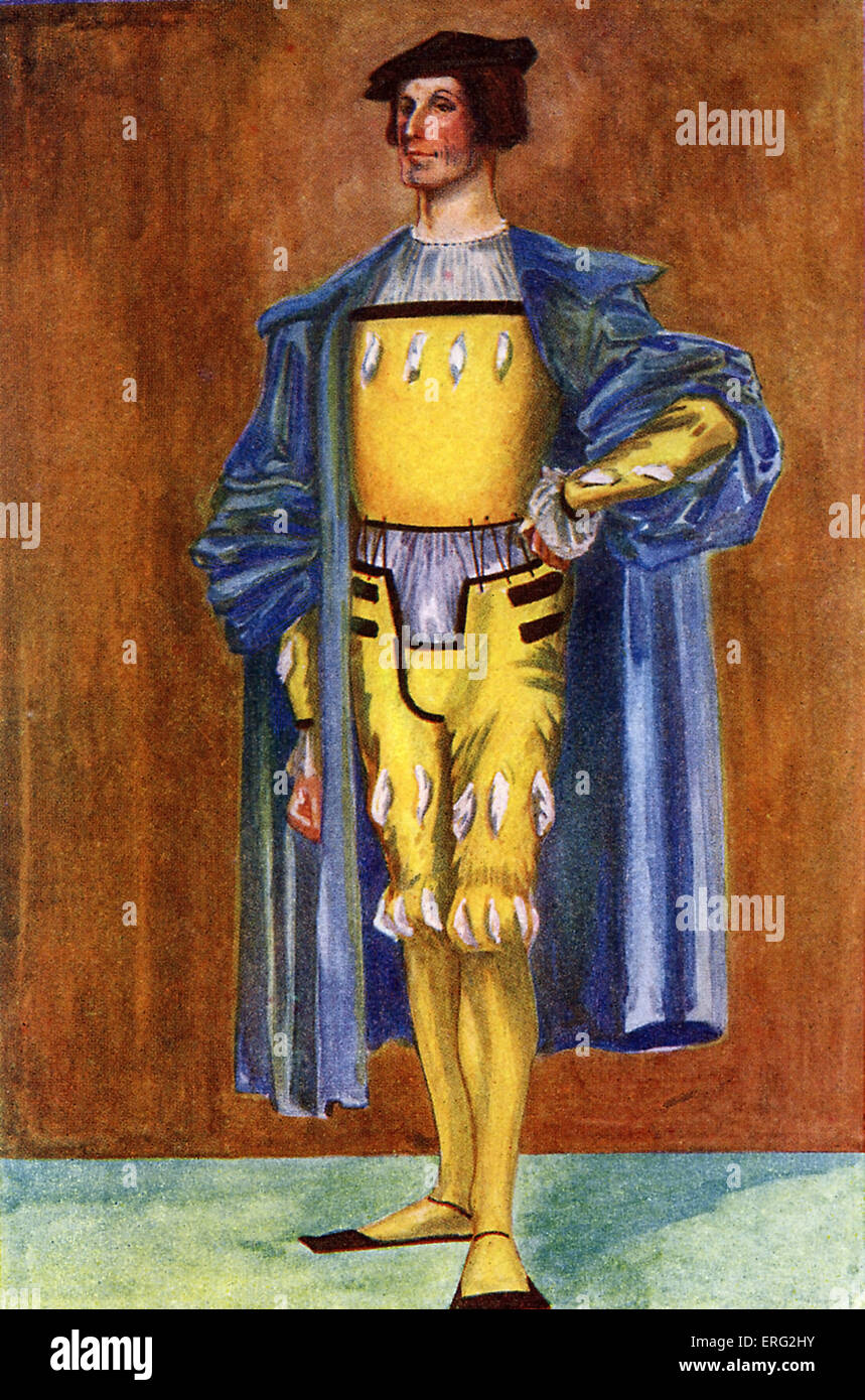 Man 's costume in regno di Enrico VIII (1509- 1547). Indossando un tappo piatto, blue coat con borsa manicotti, una camicia bianca e blisterato Foto Stock