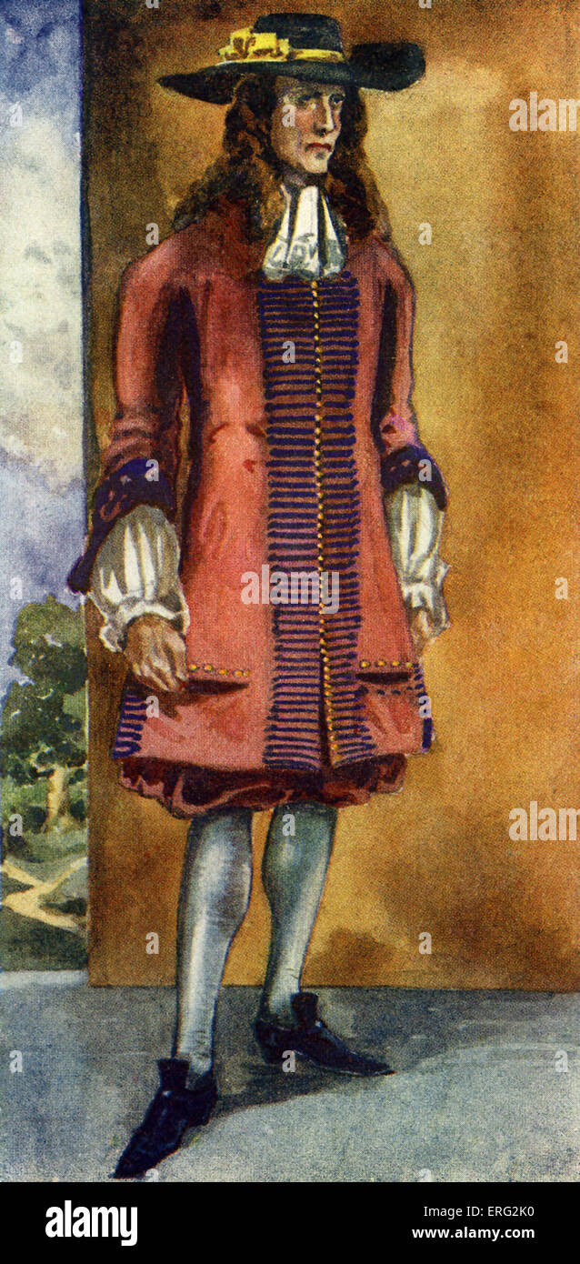Man 's costume in regno di Giacomo II (1685 -1689). Indossando una lunga tonaca cappotto periwig, ampia colmato hat e ampia Foto Stock