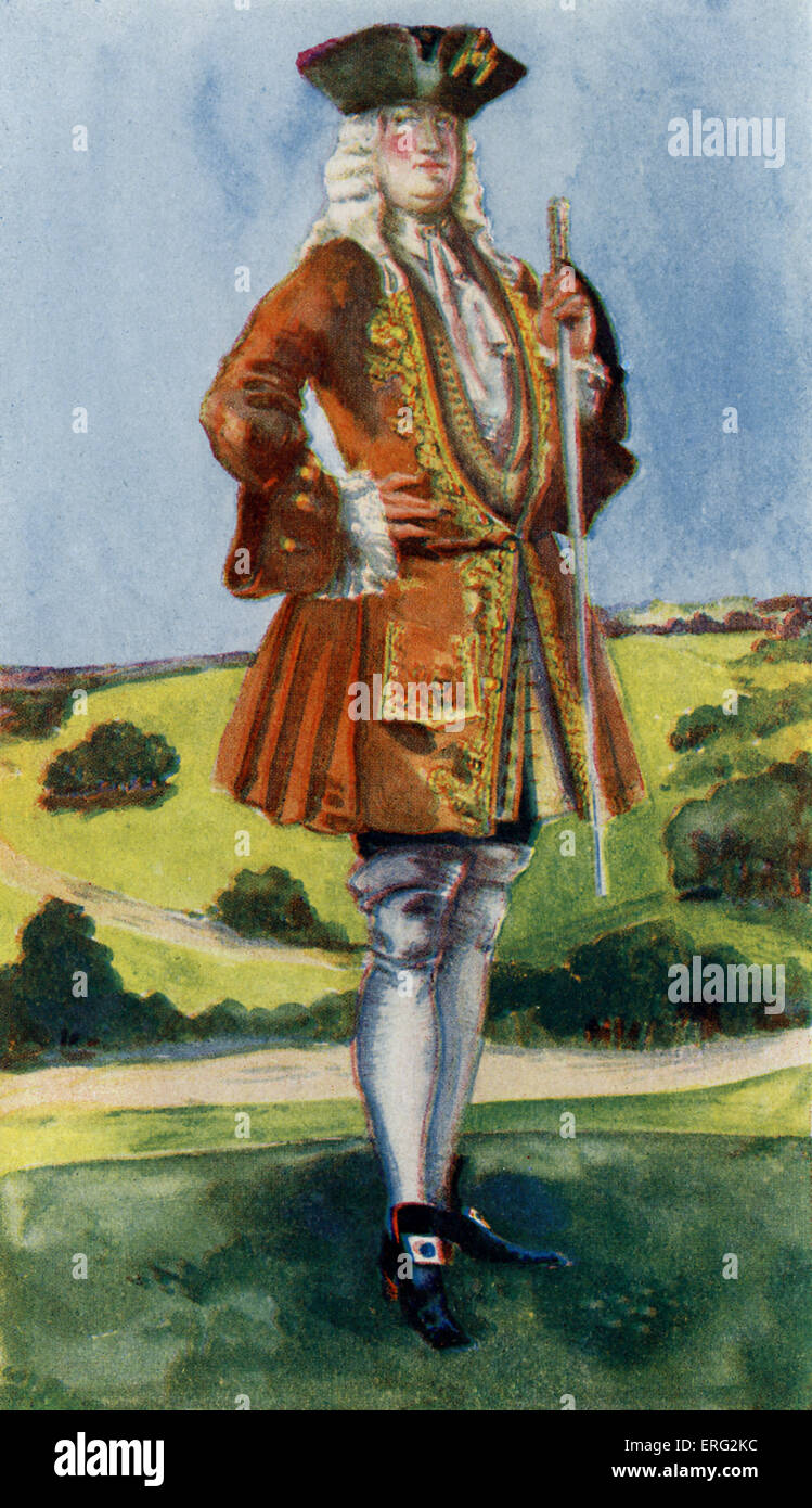 Man 's costume in regno di Giorgio I (1714 -1727). Indossando un cappello tricorne, polvere di periwig, tonaca cappotto e calze laminati Foto Stock
