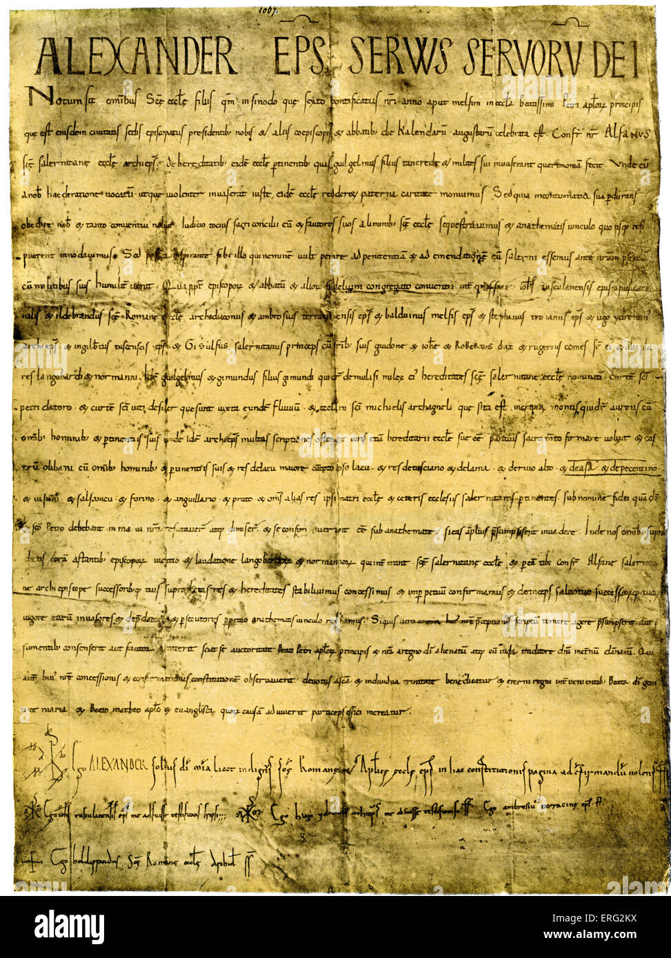 Bolla di papa Alessandro II firmato personalmente da arch-diacono Hildebrand, poi Papa Gregorio VII. Il papa Alessandro II 1060 - Foto Stock