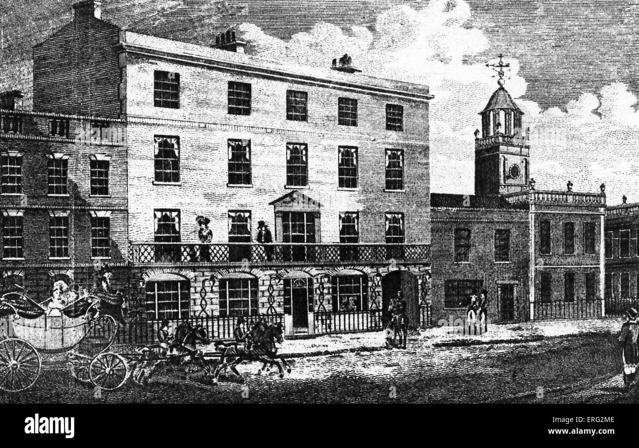 Xix secolo pubblicità per un hotel di Birmingham denominata "galline e polli'. Didascalia: "elegante carri barouche & post Foto Stock