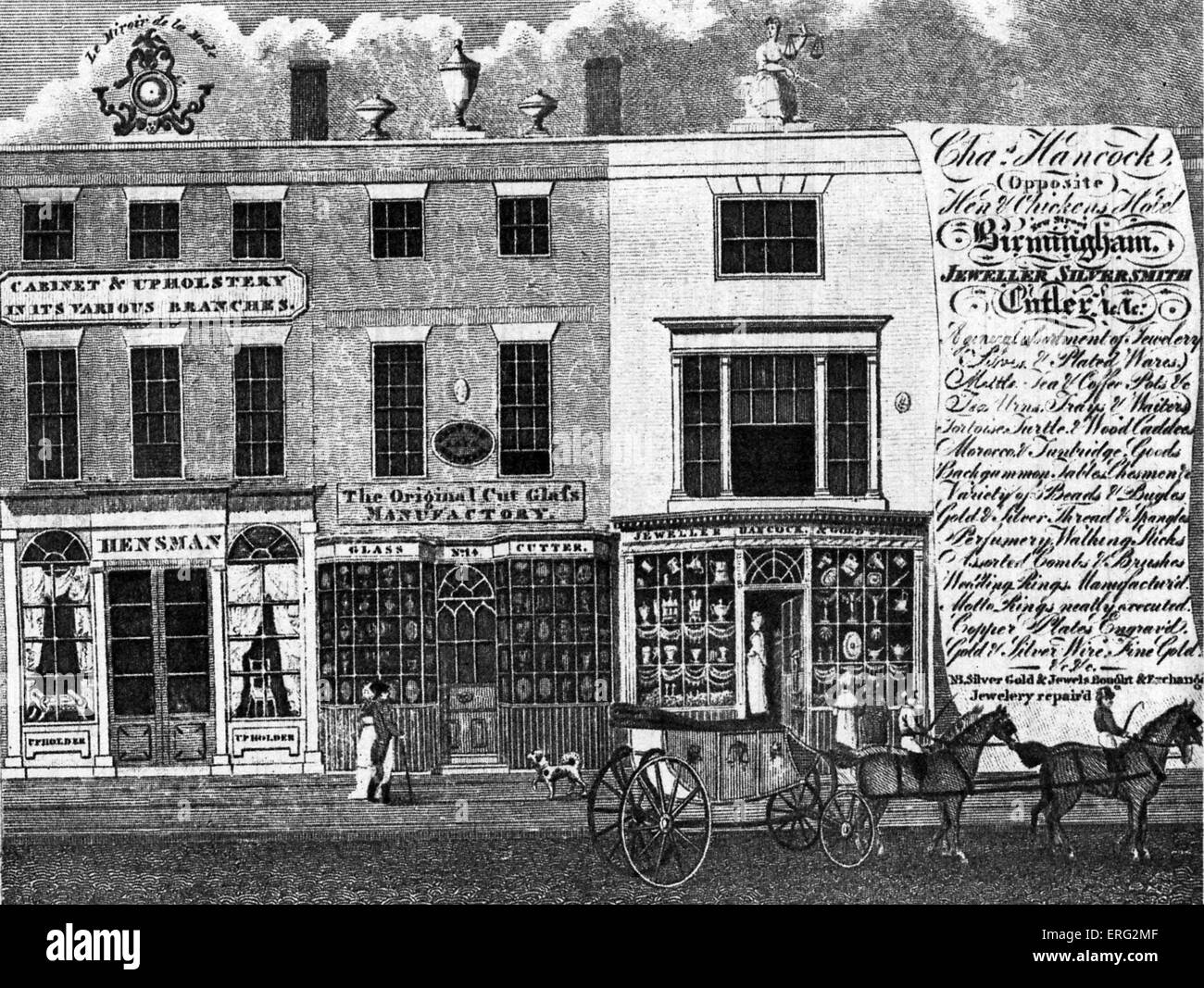 Xix secolo la pubblicità per un vetro di Birmingham shop denominato 'Hancock's". Negozio di sinistra è tappezziere. Foto Stock