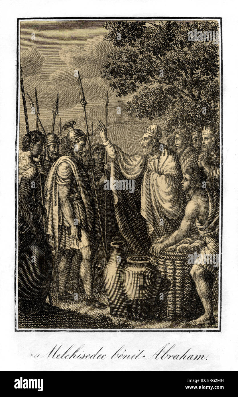 Abramo è benedetta da Melchidezek, re di Salem e presentato con il pane e il vino. Genesi 14: 16 - 21.racconto biblico. Foto Stock