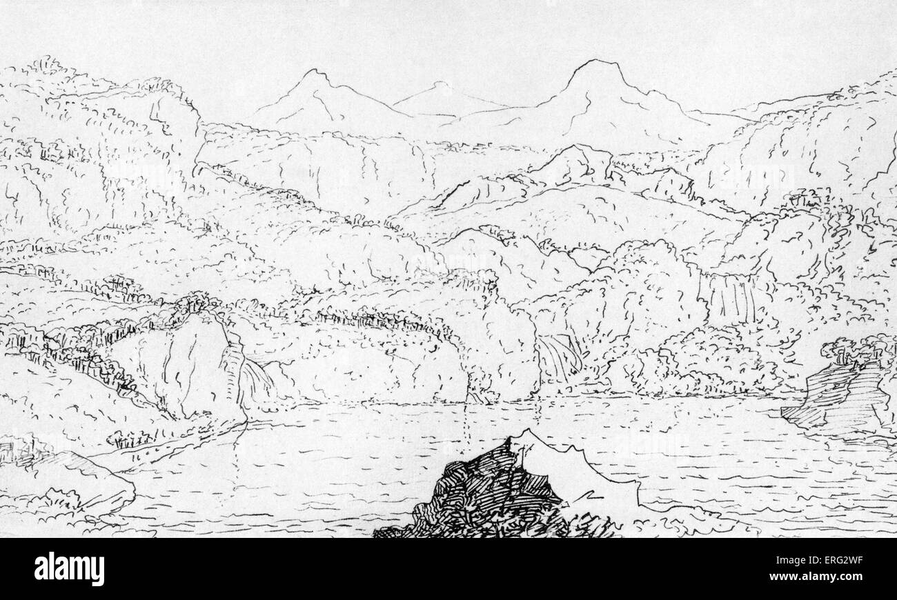 Johann Wolfgang von Goethe 's schizzo di un lago circondato da montagne come descritta da lui di suo figlio Giulio Agosto Walther von Foto Stock