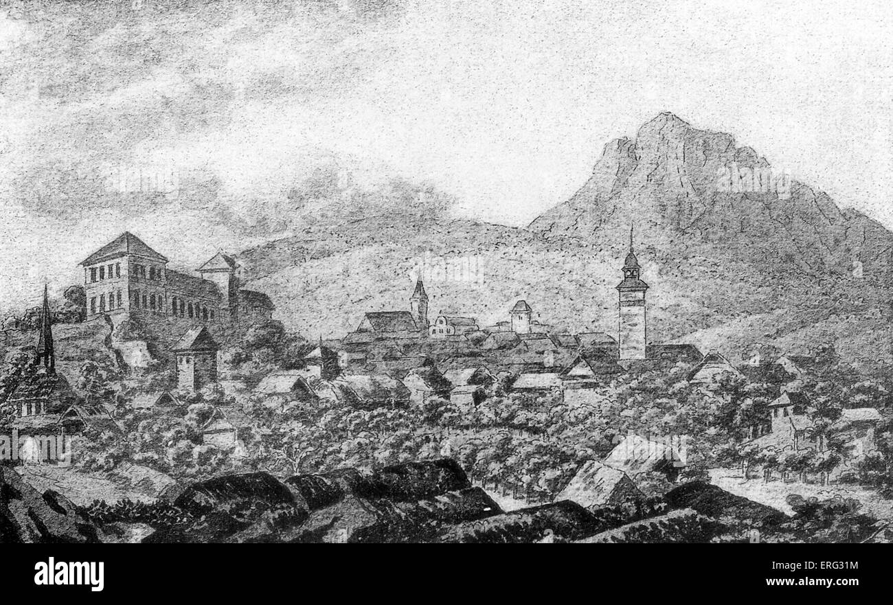 Johann Wolfgang von Goethe 's schizzo della città di Bilin, Bilina moderno. Da 'Handzeichnungen von Goethe 1810'. JWvG Foto Stock