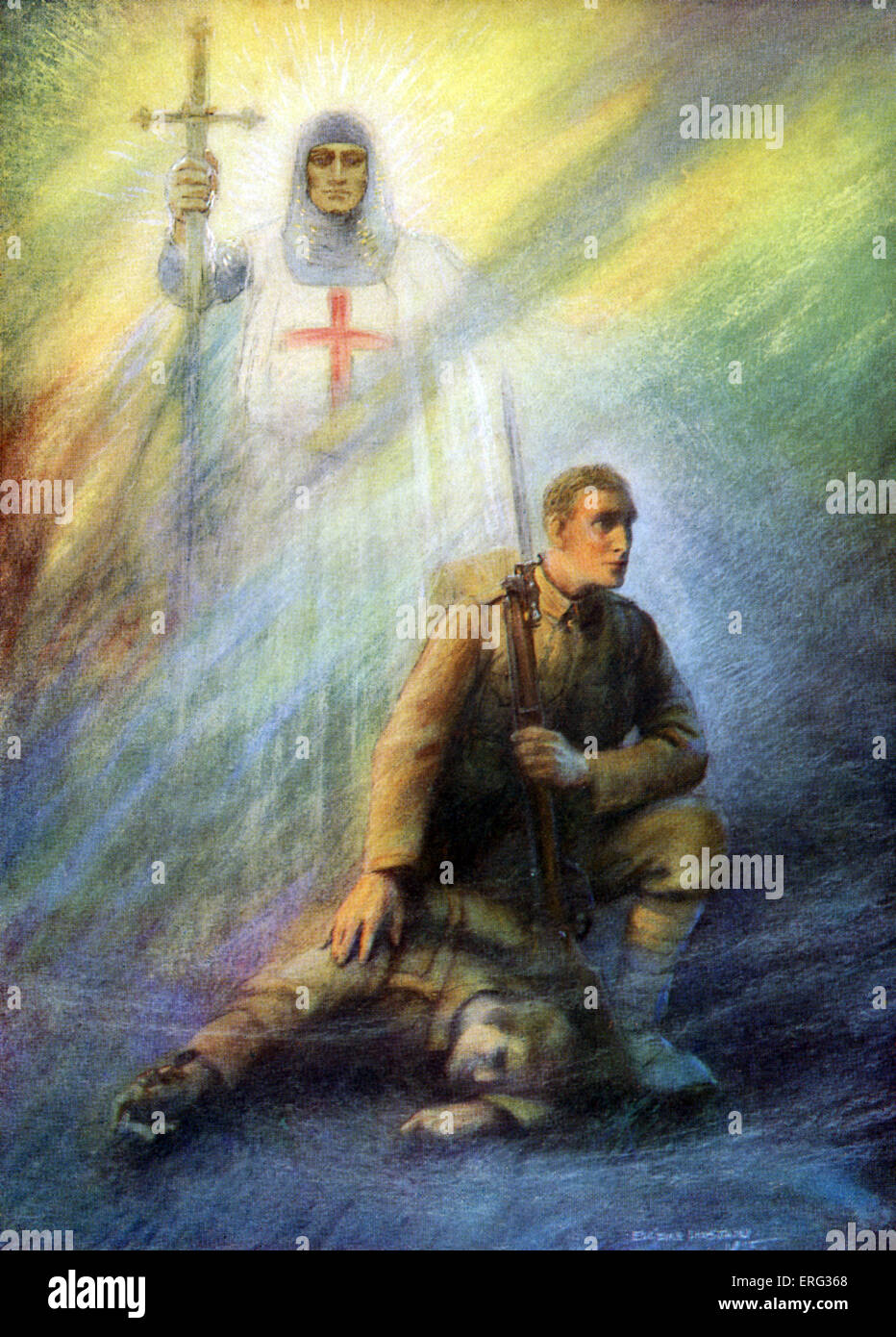 Il cavaliere inglese con il segno della croce veglia su due soldati, copia di un dipinto di Eugene Hastain, 'La Giornata della vittoria'. Foto Stock