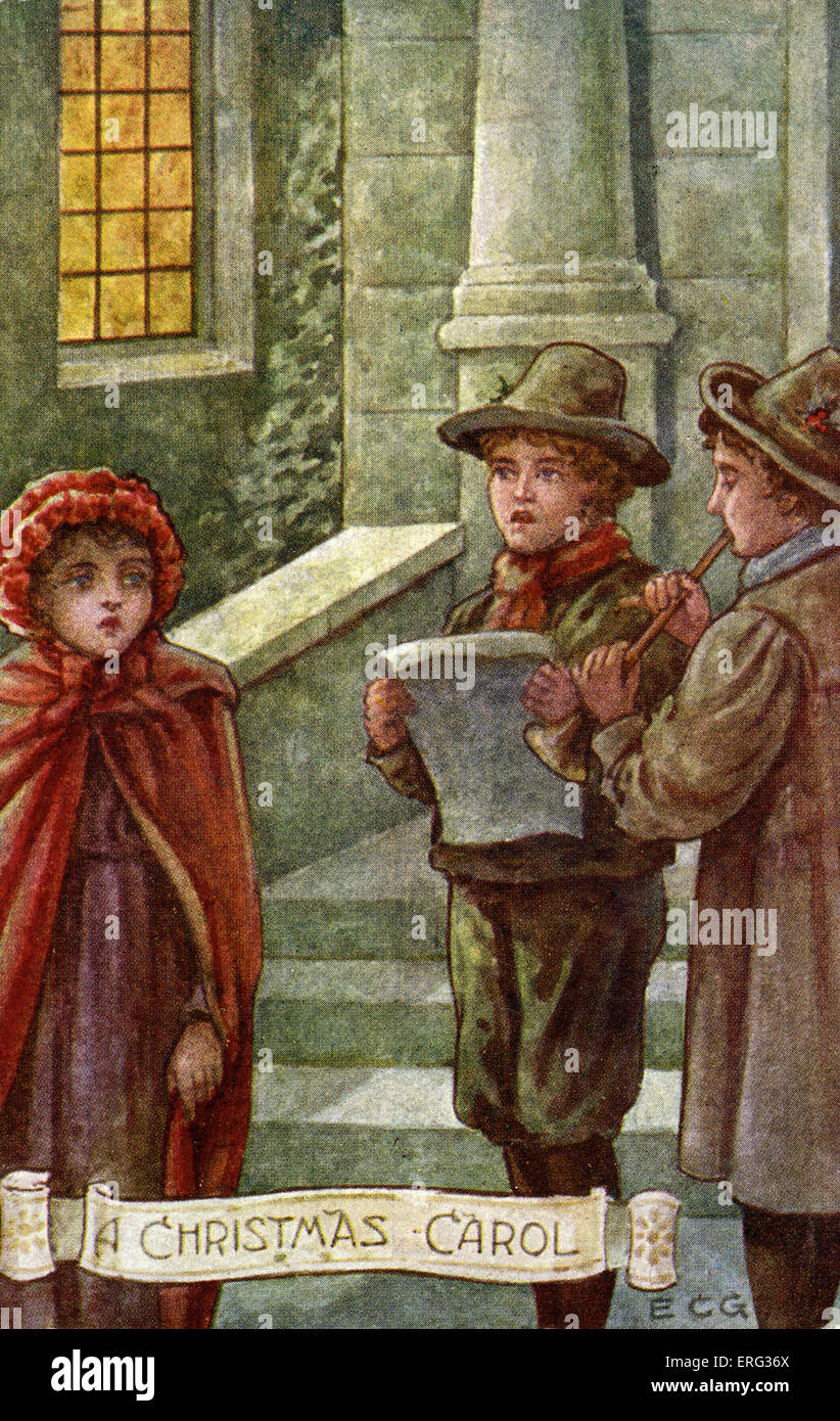 Charles Dickens' "A Christmas Carol". I bambini cantare e suonare la musica nella neve. CD romanziere inglese: 7 febbraio 1812 - 9 giugno Foto Stock