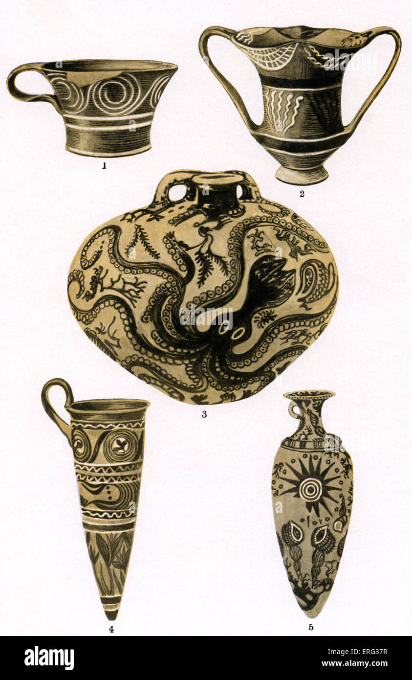 Lo sviluppo della ceramica greca, la piastra 1 di 4. 1 e 2: esempi di Cretesi Kamares ware, denominata per il paese in cui Foto Stock