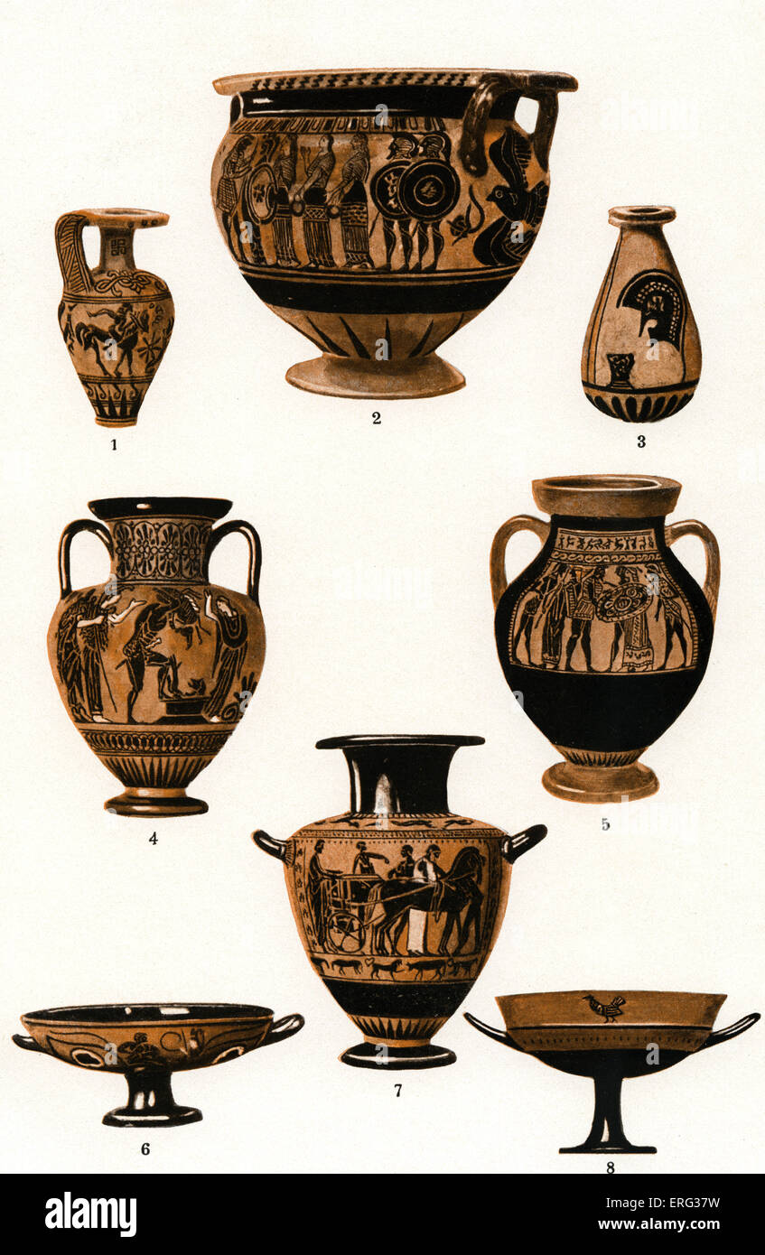 Lo sviluppo della ceramica greca, la piastra 3 di 4. 1 e 3 : le prime figura nera raffigurante vasi equitazione e un oplita 's Foto Stock
