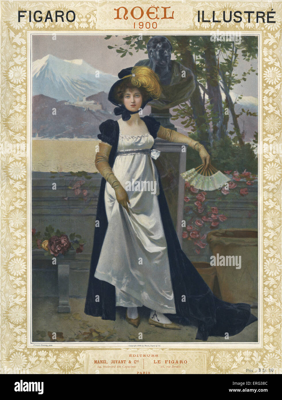 Giovane donna nel tempo di Natale - coperchio di Figaro Illustré, Noel 1900. Donna in piedi su una terrazza, con mountians nel Foto Stock