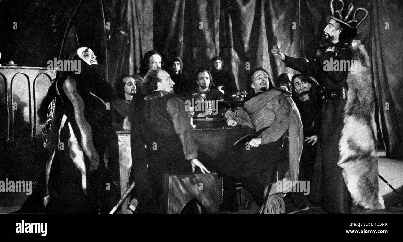 Laurence Olivier come Macbeth in della tragedia di Shakespeare., prodotto da Michael Saint-Denis presso la Old Vic, 1937/8. "Avaunt ed esci Foto Stock